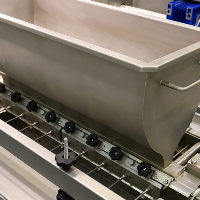 Food factory automated robotic production line Food factory automated robotic production machine. Conveyor product line for cooking and packing rations and foods. Robotics and automatic lines used instead of human labor on factories and plants.